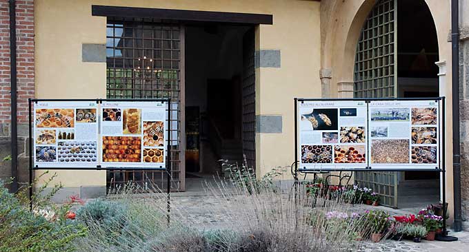 I pannelli "DAL NETTARE AL MIELE" esposti nel giardino dell'abbazia